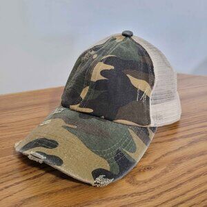 Camo Messy High Bun Ponytail Adjustable Mesh Back Trucker Baseball Cap Country